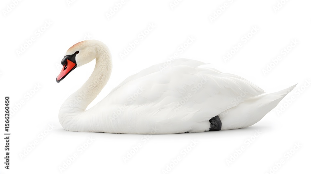 Fototapeta premium Elegant White Swan Resting Gracefully on White Background
