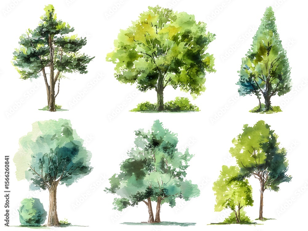 Fototapeta premium Set of watercolor green tree isolated on white background for landscape and architecture drawing, elements for environment and garden, botanical for section in spring