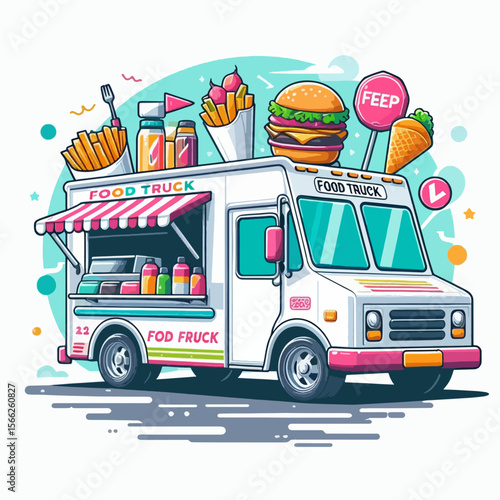 Vibrant graphic design of a food truck laden with various dishes, perfect for a food truck business advertisement.