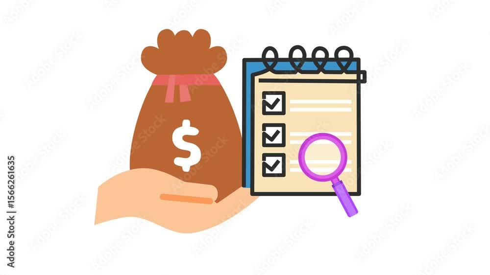 Financial audit checklist icon in cartoon animation. Budget review and ...