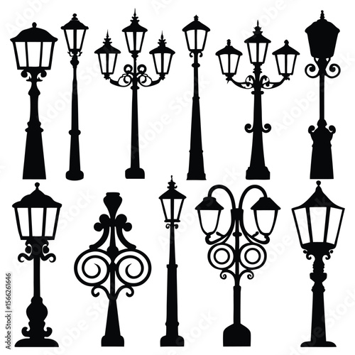 Charming streetlights in a black silhouette showcases urban lighting fixtures and architectural design elements, vector style.