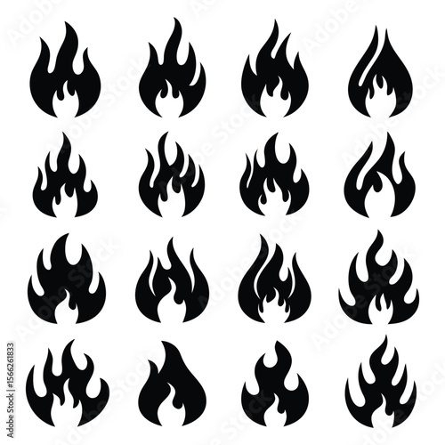 Burning flame shapes illustrate fire danger with multiple graphic flame silhouette variations showing energy and warmth