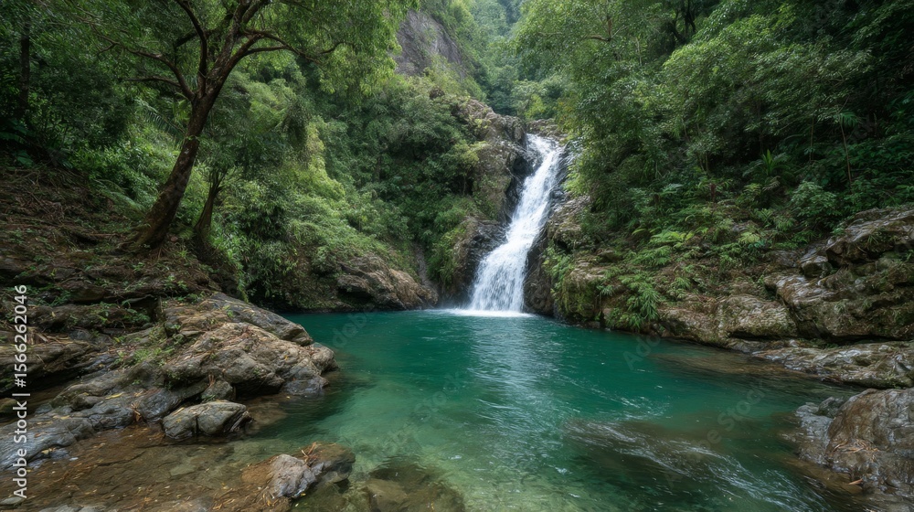 Fototapeta premium Lush Tropical Waterfall in Emerald Pool