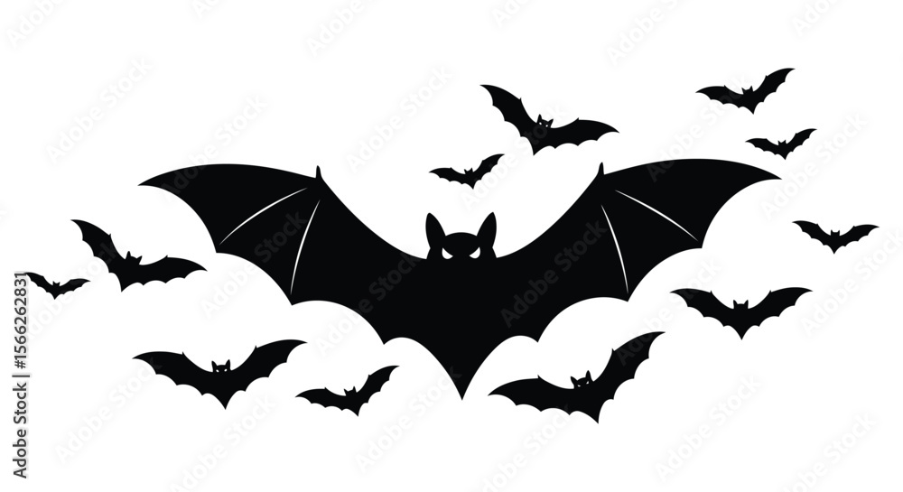 Naklejka premium Flying Bat Silhouettes Vector Set – Spooky Halloween and Nocturnal Animal Elements for Holiday and Nature Designs