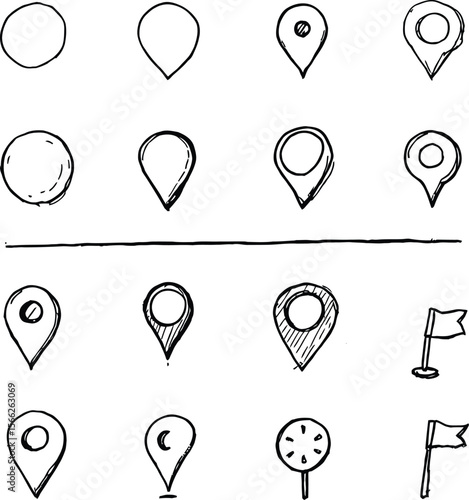 Black-and-White Vector Illustration of Location Markers & Flags – 16-Item Navigation Icon Grid