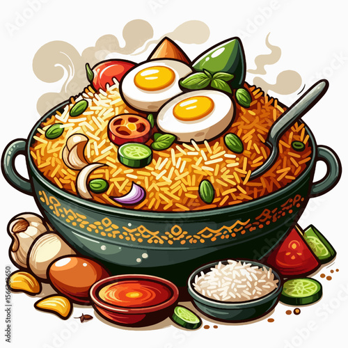 Vibrant cartoon graphic of a richly garnished rice dish, complete with eggs, vegetables, and sauces, presented in a decorative pot.