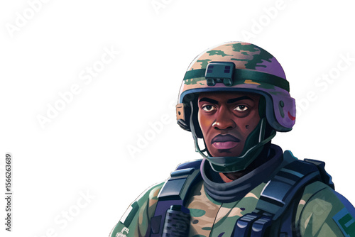 black army soldier in white isolated background ideal for conflict zone illustrations, military game assets, posters, and educational visuals