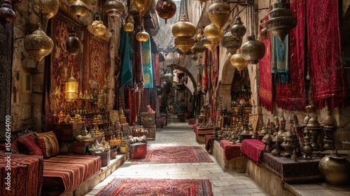 Sunlit Middle Eastern Market Street with Brass Lamps and Carpets