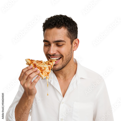 Joyful guy enjoying a slice of pepperoni pizza with melted cheese showcasing happy eating with transparent background for flexible design usage.