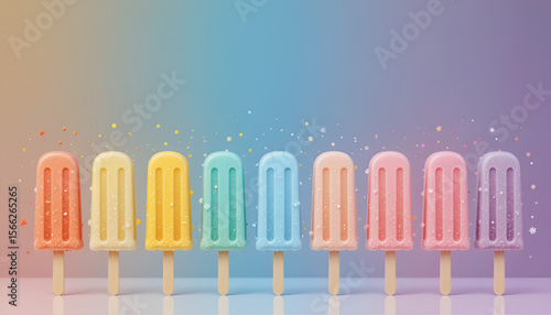 Colorful pastel popsicle lineup with various textures, sprinkles, and whipped cream details on gradient pink to blue background — vibrant summer dessert collection with playful candy explosion.
