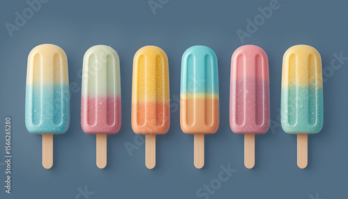 Colorful pastel popsicle lineup with various textures, sprinkles, and whipped cream details on gradient pink to blue background — vibrant summer dessert collection with playful candy explosion.
