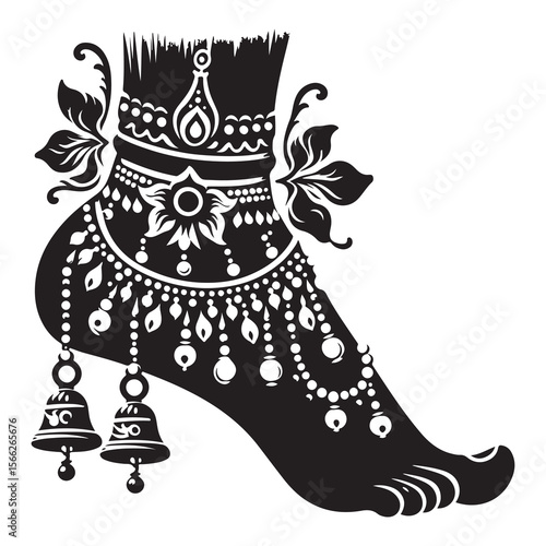 Silhouette vector of a nupur anklet with 2 bells single line curved icon Indian ornament design