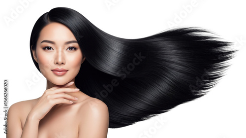 Beautiful young Asian woman with long sleek black hair flowing.
