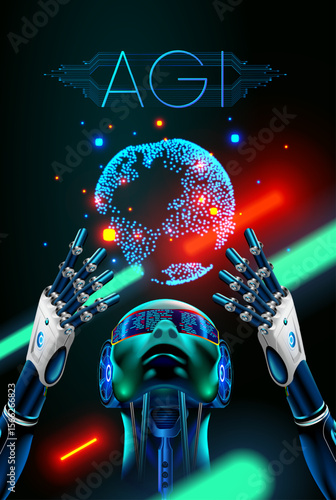 A robot or cyborg with AI holds a projection of the Earth in his hands above his head. Artificial general intelligence or AGI. A wise superintelligence takes care of the Earth. Concept banner.