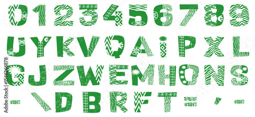 Decorative Alphabet Font Set with Textured Patterns, Numbers and Symbols – Colorful Typography Vector Design for Creative Projects and Print