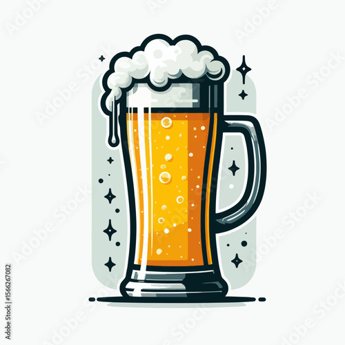 Cartoonish, stylized depiction of a beer mug filled with a light-colored beer, featuring detailed foam and bubbles, in a modern graphic design.
