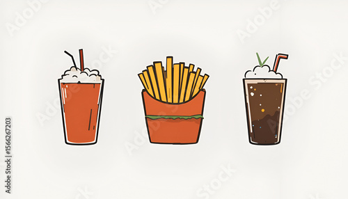 Classic fast food trio: golden fries, refreshing soda, and creamy milkshake, perfectly rendered in a clean illustration.