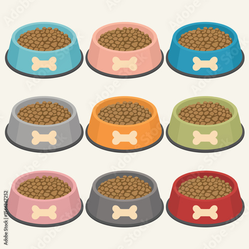 Collection of nine colorful pet food bowls filled with kibble