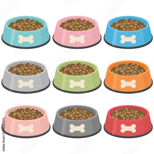 Collection of nine colorful pet food bowls filled with kibble