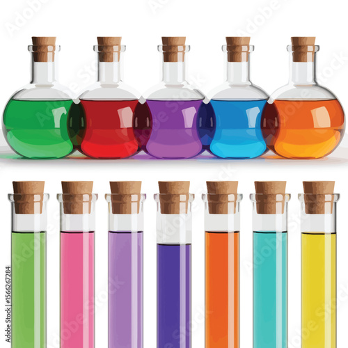 Collection of colorful liquids in laboratory flasks and test tubes with cork stoppers
