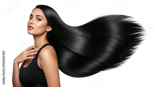Beautiful woman with long black silky hair flowing to the side