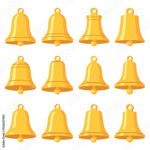 Collection of twelve golden bells with different shapes and sizes