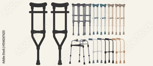 Collection of crutches and walkers in various colors and styles for mobility assistance