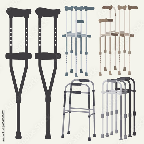 Collection of medical mobility aids including crutches and walkers in various colors