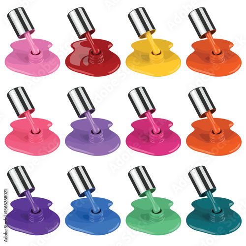 Collection of twelve colorful nail polish bottles spilling onto white background