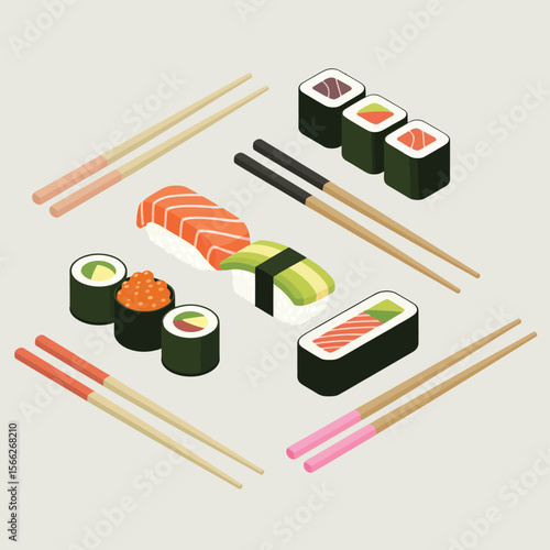 Assortment of delicious sushi rolls and nigiri with chopsticks on a light background