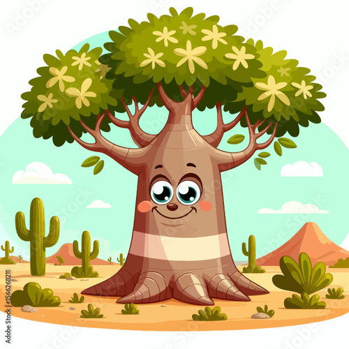 Cartoon drawing of a tree with a friendly face, situated in a desert environment with cacti.