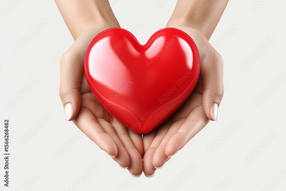 Obraz premium Woman gently cradling a vibrant red heart, symbolizing love, healthcare, and emotional well being