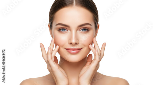 Young Caucasian woman touching cheeks, smiling for natural beauty and skincare.