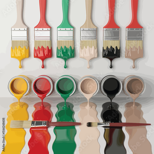 Collection of paint cans and brushes with dripping paint in various colors