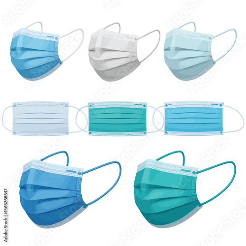 Collection of colorful pleated disposable face masks with ear loops on white background