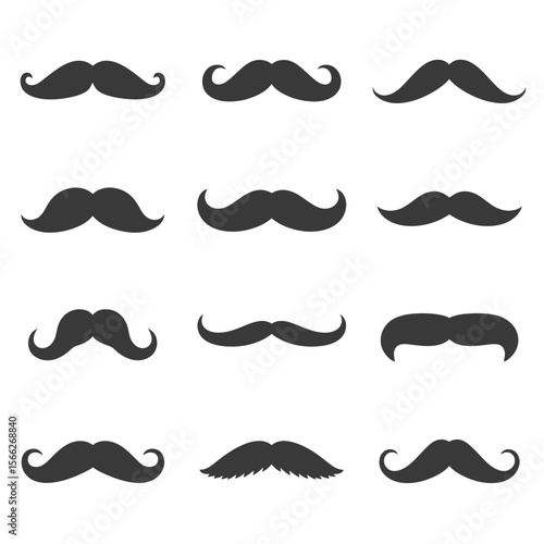 Collection of twelve diverse black mustache icons on a white background