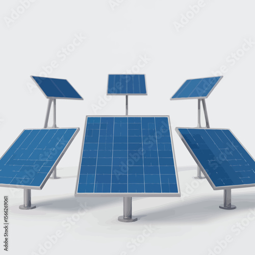 Array of blue solar panels on metal poles against a white background