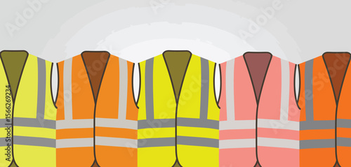 Collection of brightly colored high visibility safety vests with reflective stripes