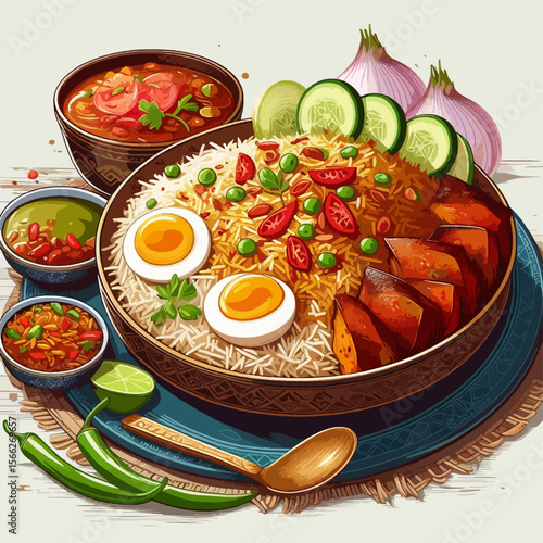 Vibrant graphic representation of an elaborate rice dish, complete with a variety of garnishes and sides, presented on a decorative plate.  A detailed and flavorful,  visual feast.