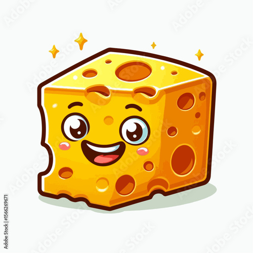Cartoon illustration of a wedge of cheese with a cheerful expression.  It features large eyes and a wide smile, and the cheese block has a hole pattern.