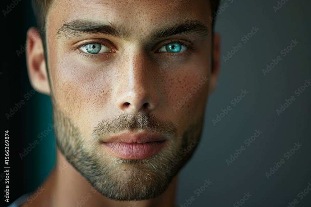 Fototapeta premium Portrait of attractive young male model with freckles and striking blue eyes showing confidence and determination