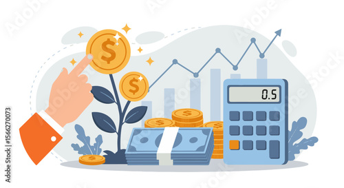 Financial Growth, Investment, and Business Accounting.Illustration of financial growth, investment, and accounting: money plant, coins, cash, upward graph, and calculator.