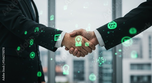 Business handshake with sustainable supply-chain holograms, highlighting responsible sourcing, partnership and ESG alignment.