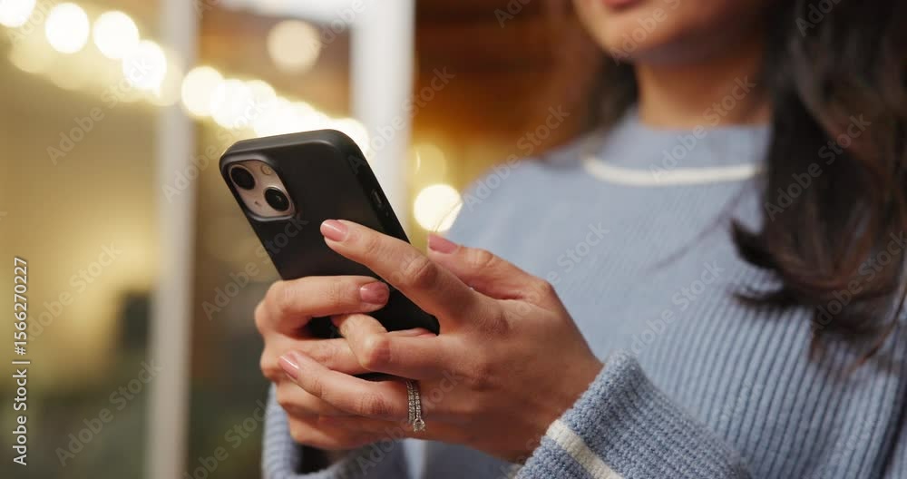 Phone, hands and woman in home at night for text, romantic message and internet notification. Mobile, person and communication for social media, chat and download app for online dating with bokeh