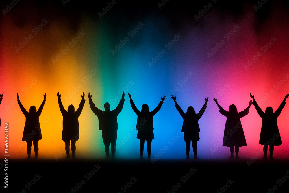 Fototapeta premium Silhouettes of people dancing energetically in a vibrant nightclub
