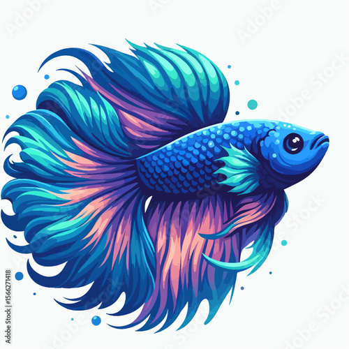 Digital artwork of a betta fish, showcasing an elaborate fin display and vibrant colors against a white background.  The style is highly detailed.