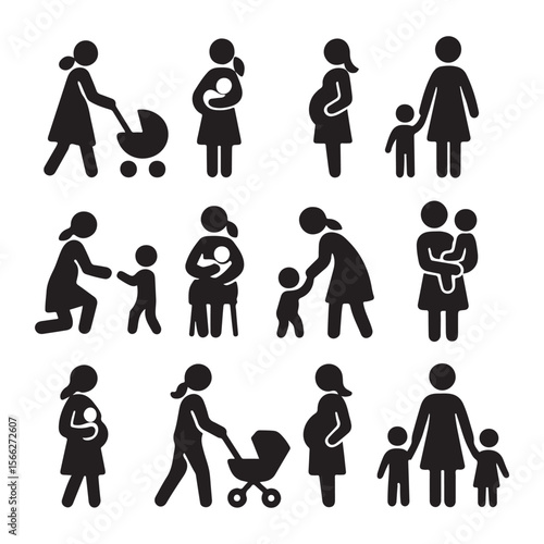 Collection of black silhouette stick figures depicting motherhood and child rearing activities