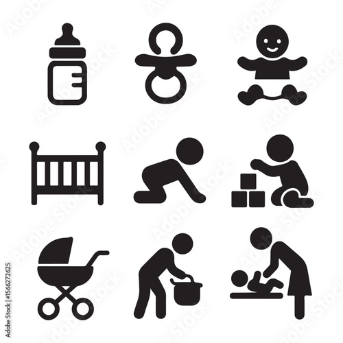A collection of nine baby related icons including a bottle pacifier crib and baby playing with blocks