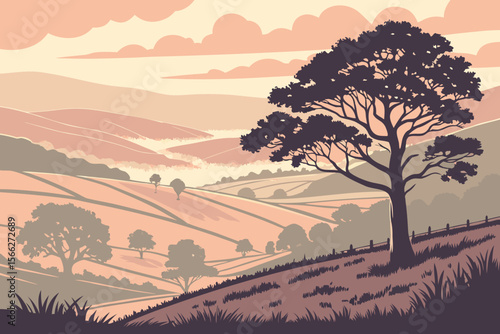 Rolling hills landscape with large tree at sunrise