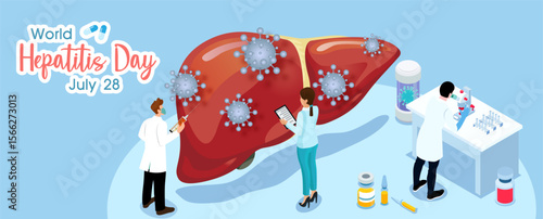 Concept of hepatitis A, B, C, D, and world hepatitis day campaign's poster with doctors treat the liver in cartoon character and flat banner style with vector design.